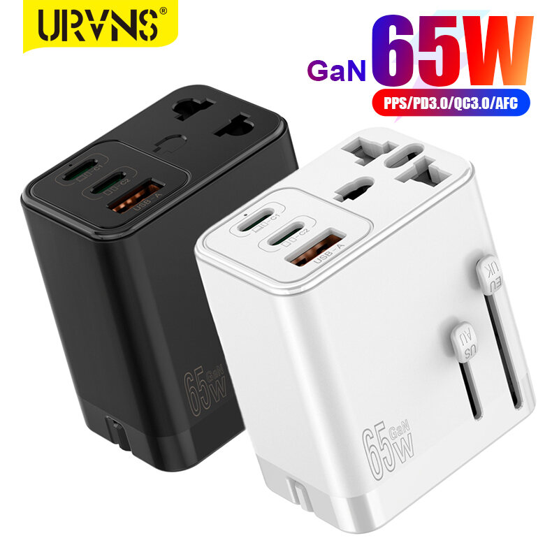 URVNS 65W GaN Travel Plug Adapter with 2USB-C PD and 1USB-A Worldwide Universal Charger UK EU AU US Converter for Laptops Phones Tablets