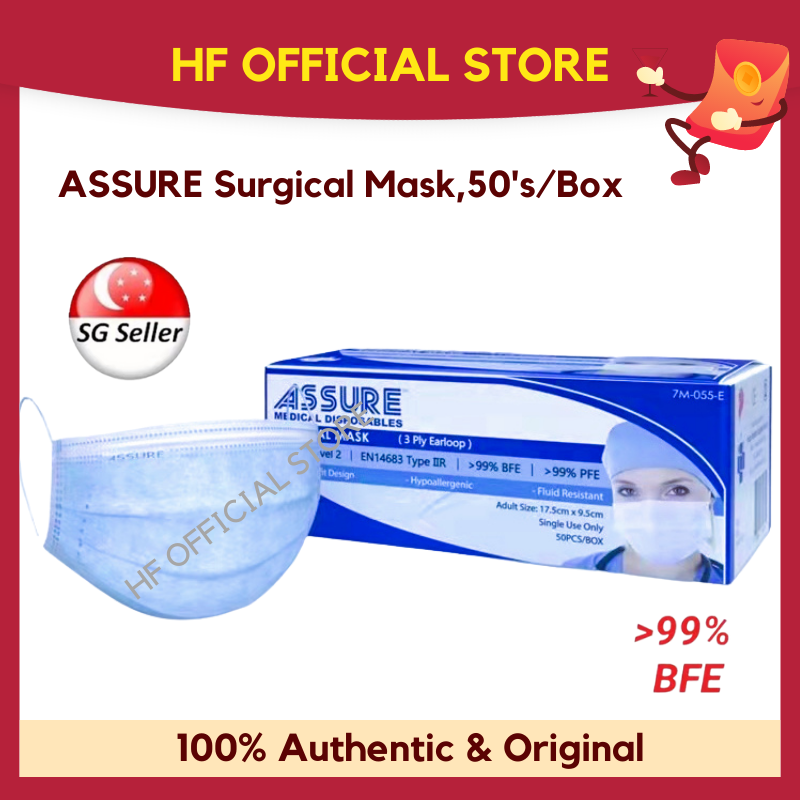 [INSTOCK] ASSURE Surgical Mask Earloop 3-ply Adult 50's/box Disposable Blue Black 3ply 50pcs 3 ply WaterProof Water-Resistant Water-Proof Blue Black Clinical Medical Mouth Mask sealed Anti Droplet / A