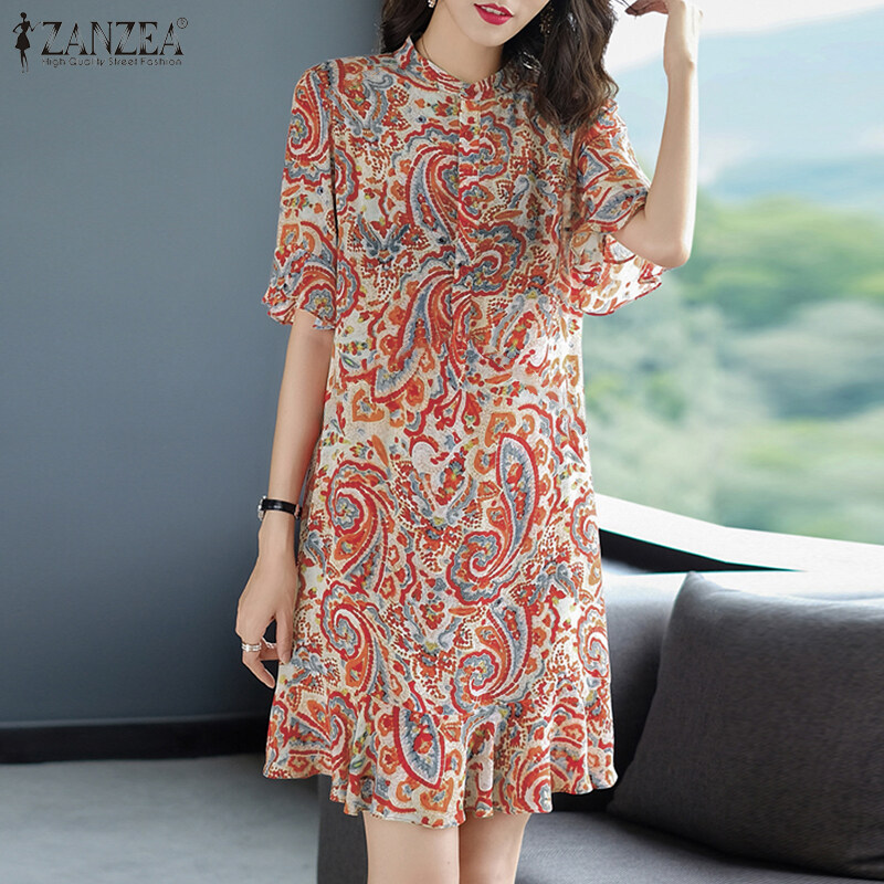 ZANZEA Women Button Down O Neck Dress Ruffle Short Sleeve Printed Loose Mini Dresses