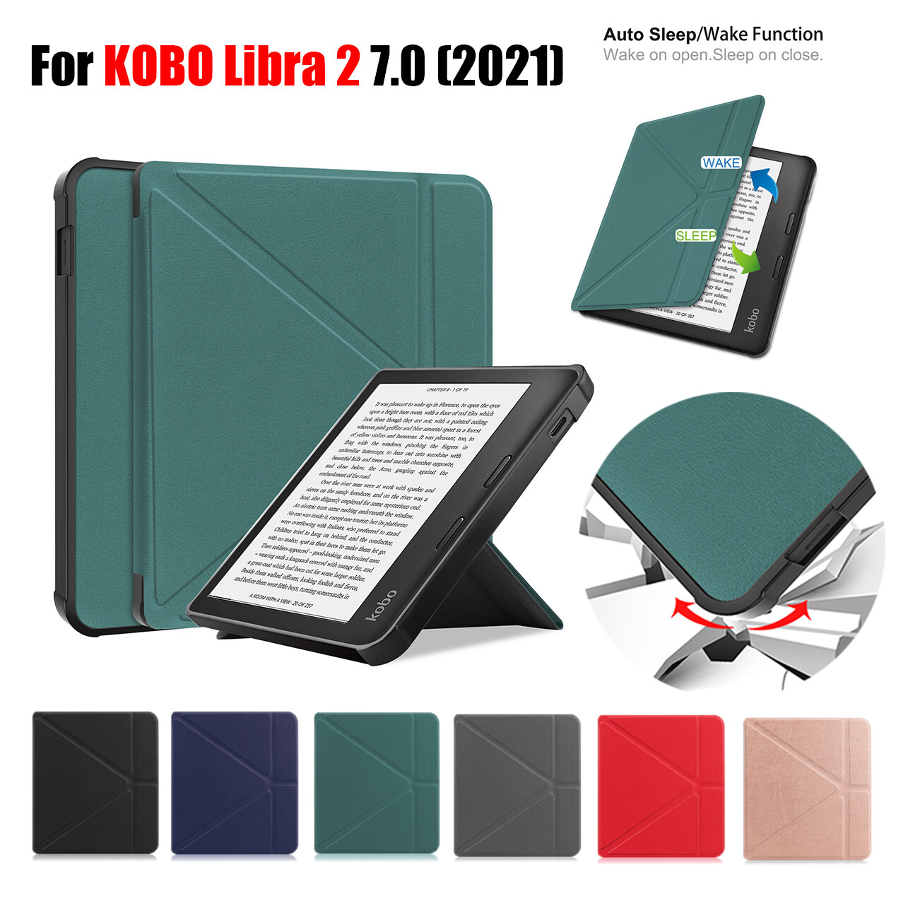 Solid Color Cover For KOBO Libra 2 7.0 inch 2021 E-Book Deformation Bracket Case Slim Lightweight Readers Flip Case Auto Sleep Wake Function