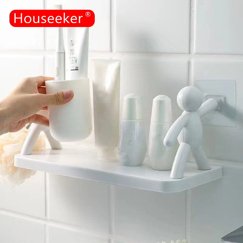 Houseeker Villain Design White Floating Shelves No Drilling Cosmetic Storage Rack Wall Mounted Hanging Spice Shelves Decor for Kitchen Bathroom Toilet