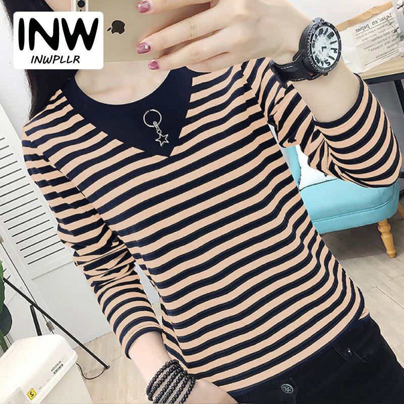 INWPLLR Autumn Women T-shirts Striped Patchwork T-Shirts Korean Long Sleeve Large Size Tops Female Casual O-Neck Tshirts  For Women
