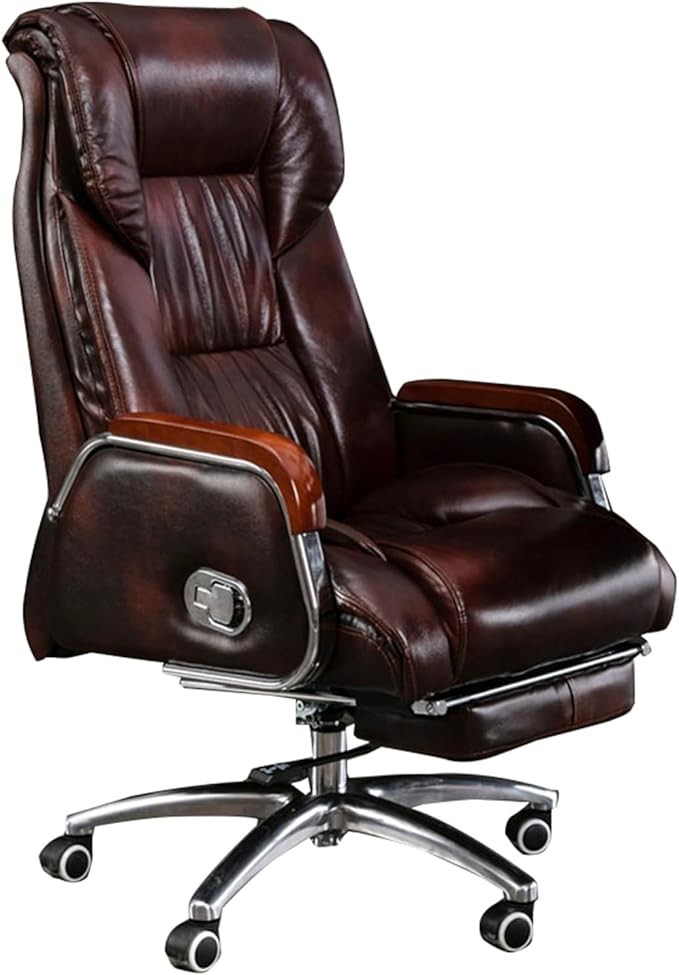 Executive Office Chair, Genuine Leather Home Office Desk Chair Ergonomic Swivel Task Chair Sedentary Comfort Computer Chair with Adjustable Back and Retractable Footrest (Color : Light Brown)